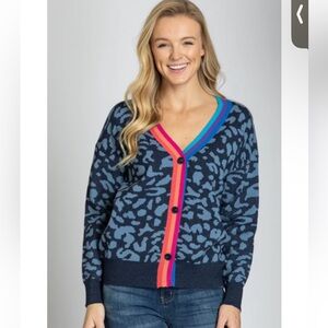 AP NY women’s sweater cardigan viscose blend large,‎ stripe, cheetah